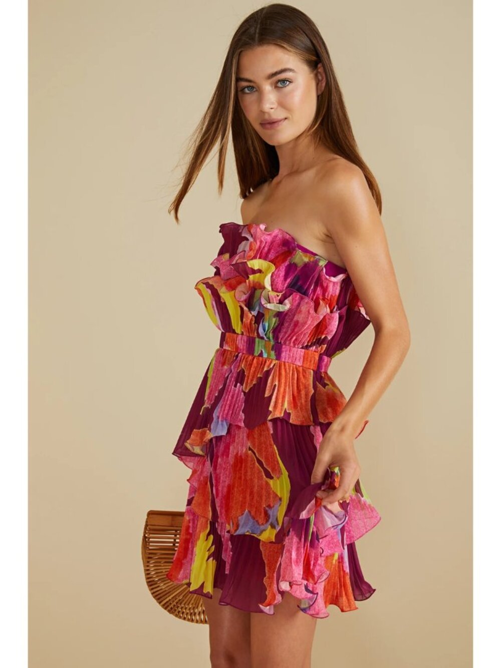 AMUR Massie Strapless Mini Dress Size 4 Purple Floral Pleated Ruffle A-Line - Picture 8 of 14